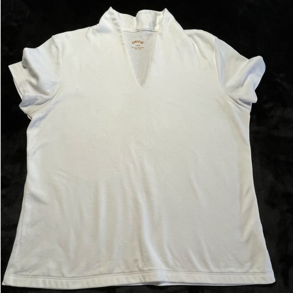 Orvis Women's Large White Split Neck Short Sleeve Knit Top Cotton Blend Peru